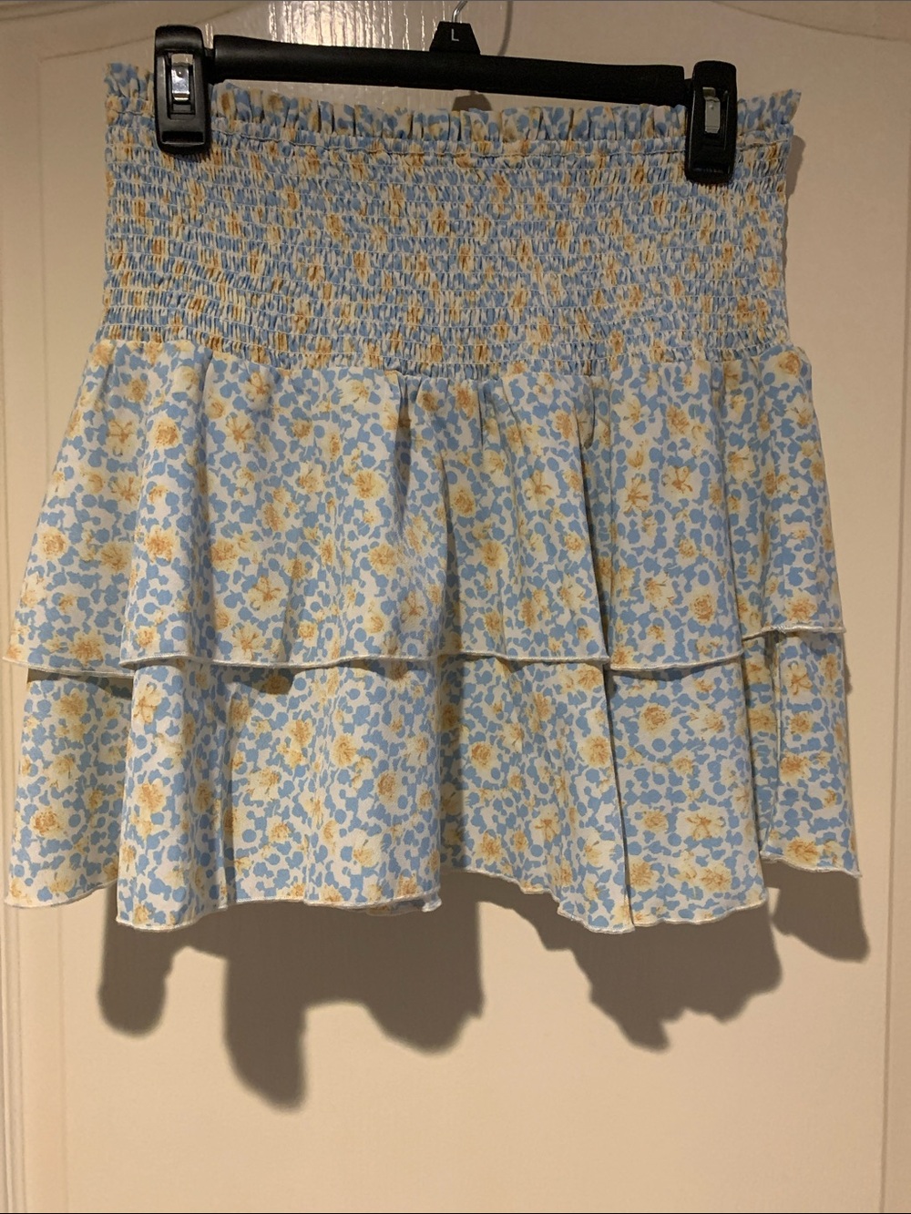 Smocked Floral Ruffle Mini Skirt in Light Blue & Yellow